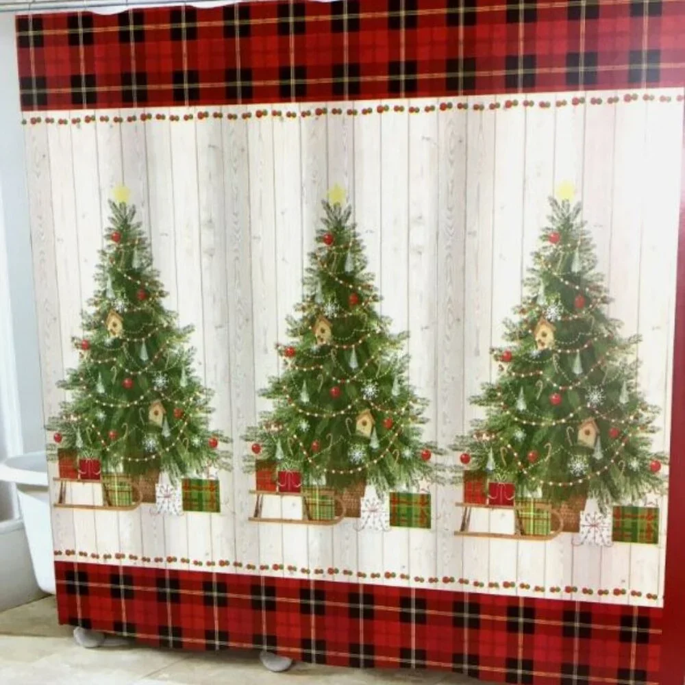 Christmas Tree Fabric Shower Curtain Bathroom Decoration Festive Rustic Decor